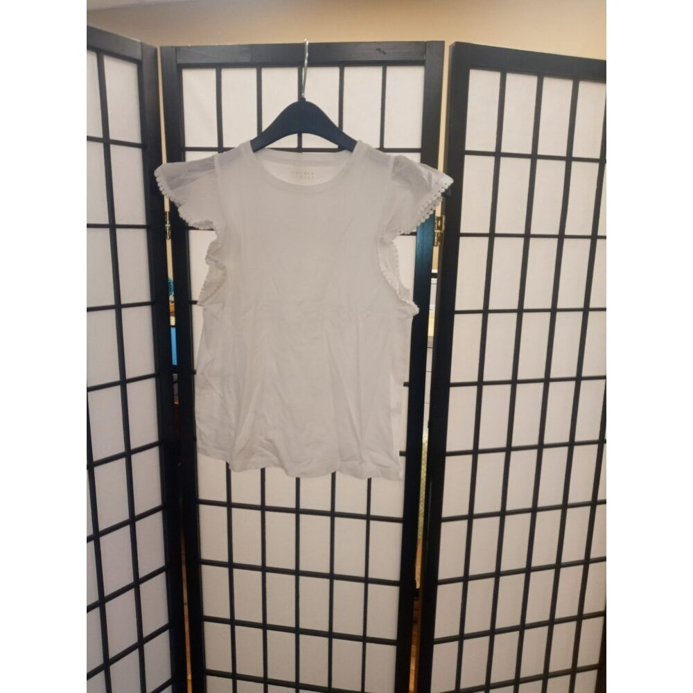 Broome Street Kate Spade Tee White Size XXS Flutter Sleeve Crochet Trim Pullover